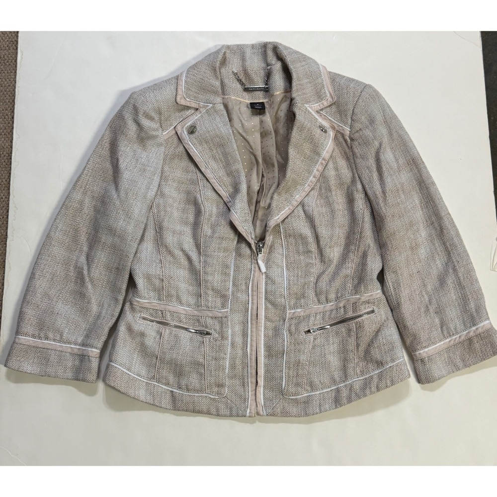 White House Black Market Tan Tweed Moto Blazer Jacket Size 6 Zip Front Neutral